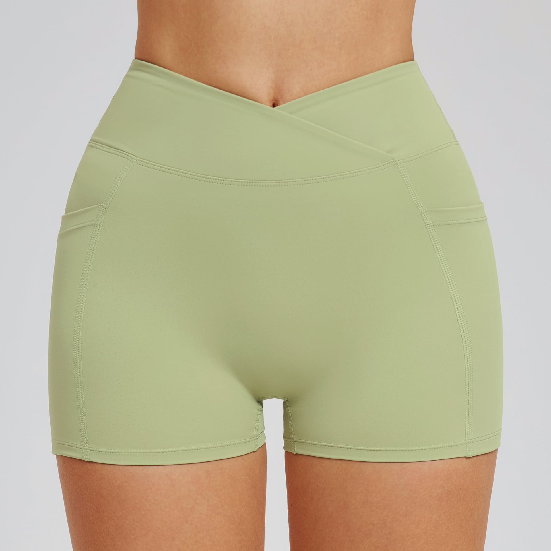 Crossover Waistband Pocketed Booty Lift Gym Shorts