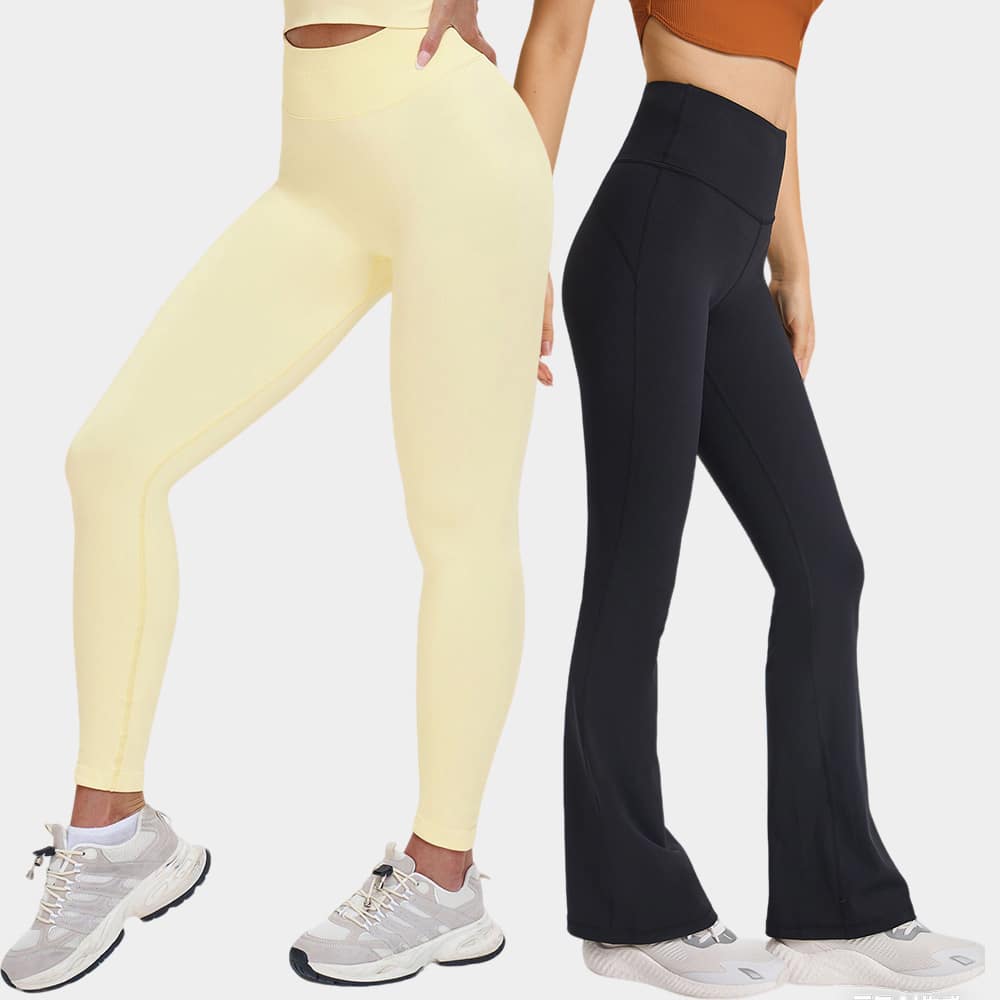 Wholesale blank leggings featuring circular-knit seamless tech and high-waisted flared yoga wear styles.
