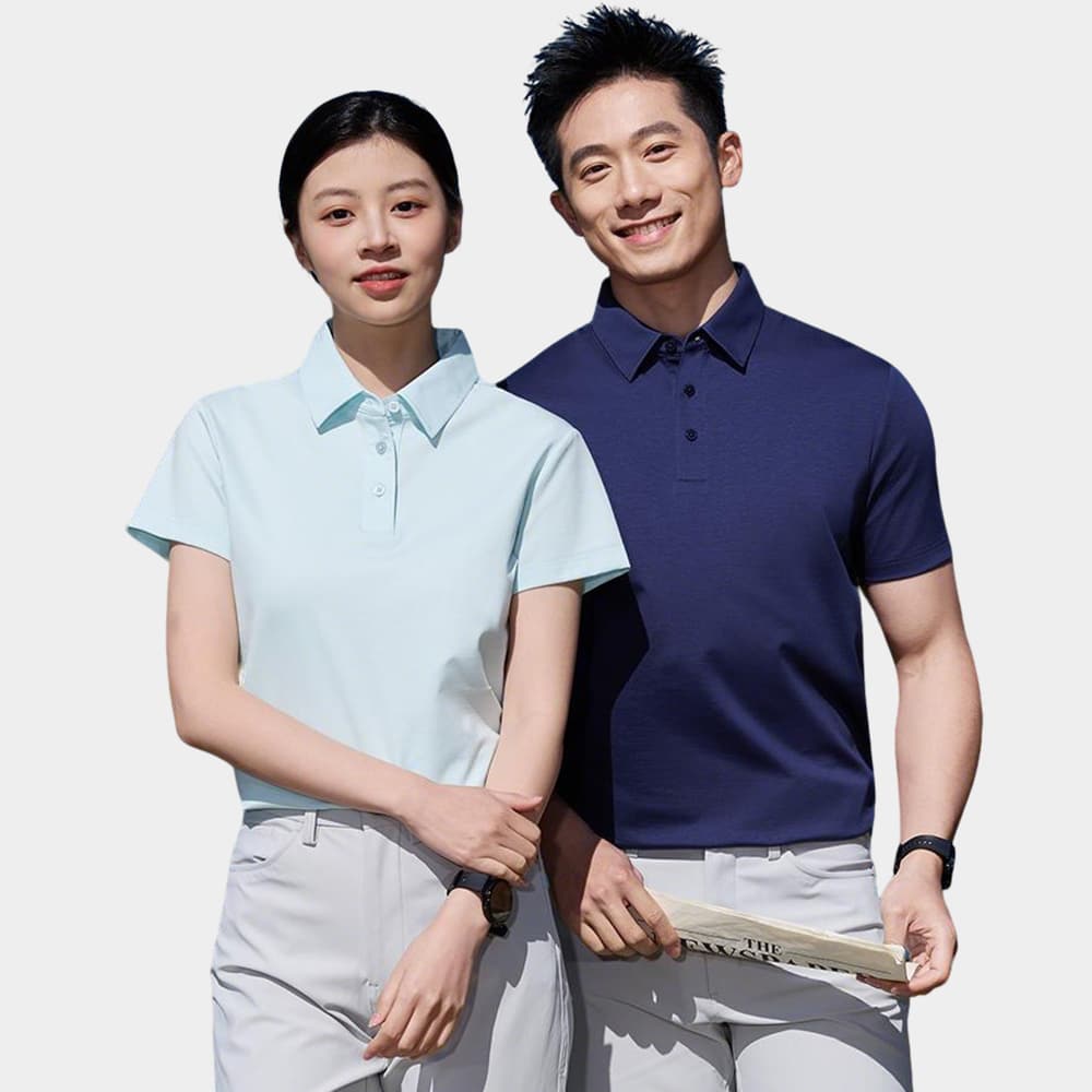 Wholesale blank polo shirts with structured flat-knit collars and moisture-wicking performance fabric.