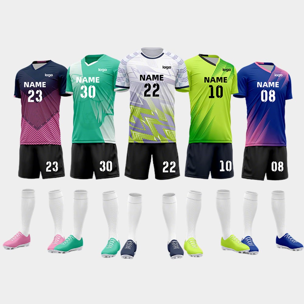 Wholesale custom sublimation soccer uniform kits featuring vibrant gradient prints, moisture-wicking interlock fabric, and full-kit color matching.