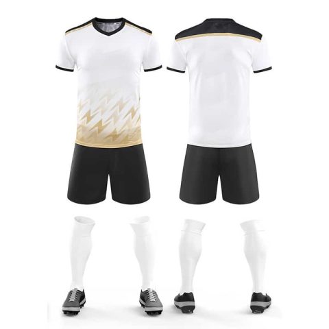 Wholesale standard soccer uniform featuring geometric sublimation printing and micro-perforated knit fabric.
